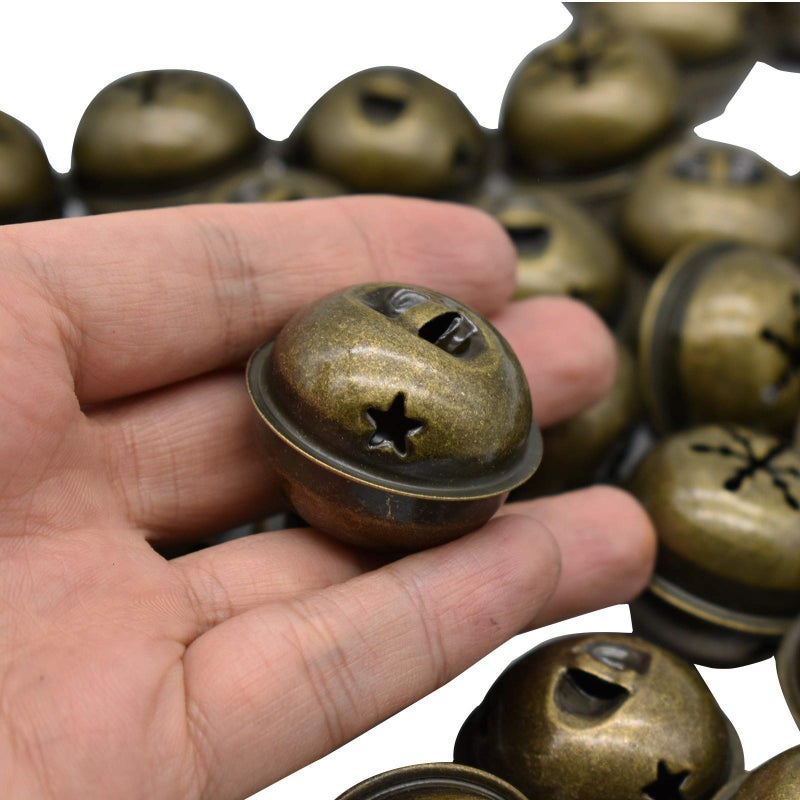 Maydahui 60 PCS Bronze Jingle Bells 1.34 Inches Star with Snowflakes Design Small Elliptical Antique Brass Bell for Crafts Christmas Decor - Image 5